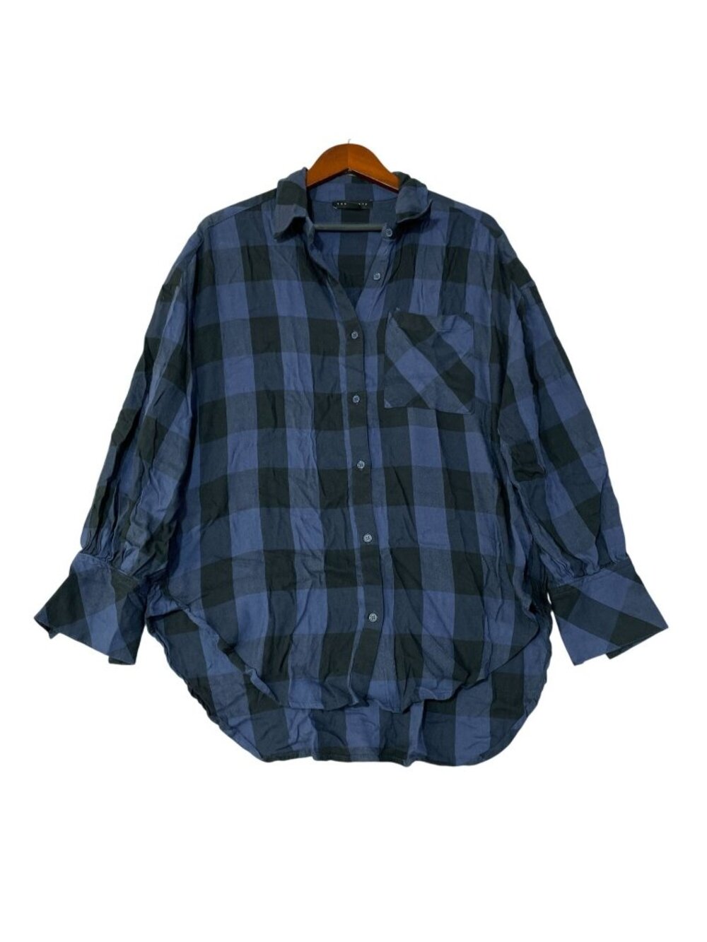 Sanctuary Women's M Blue Plaid Button-Up Tunic Shirt Rayon Blend